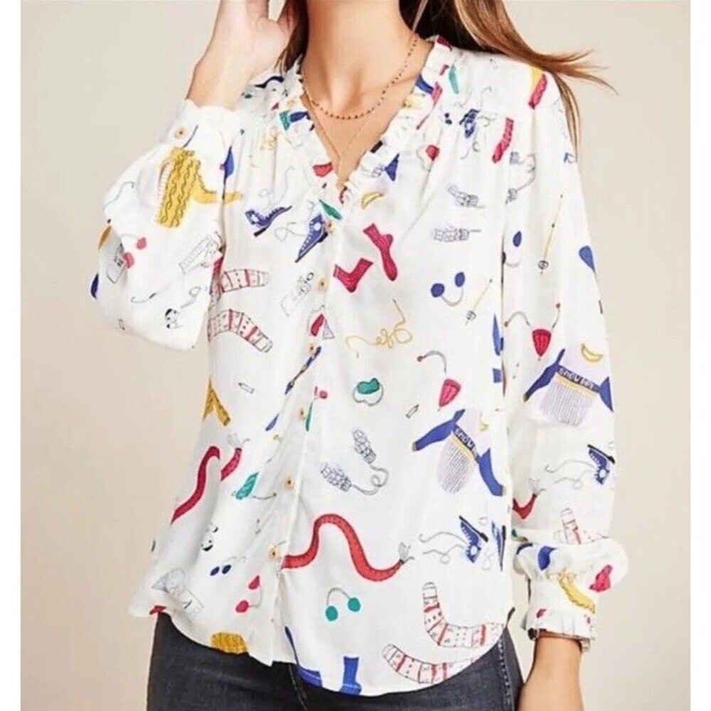Anthropologie Maeve Snow Day Themed Button Up Blouse Ruffled Neck Novelty Sz 6